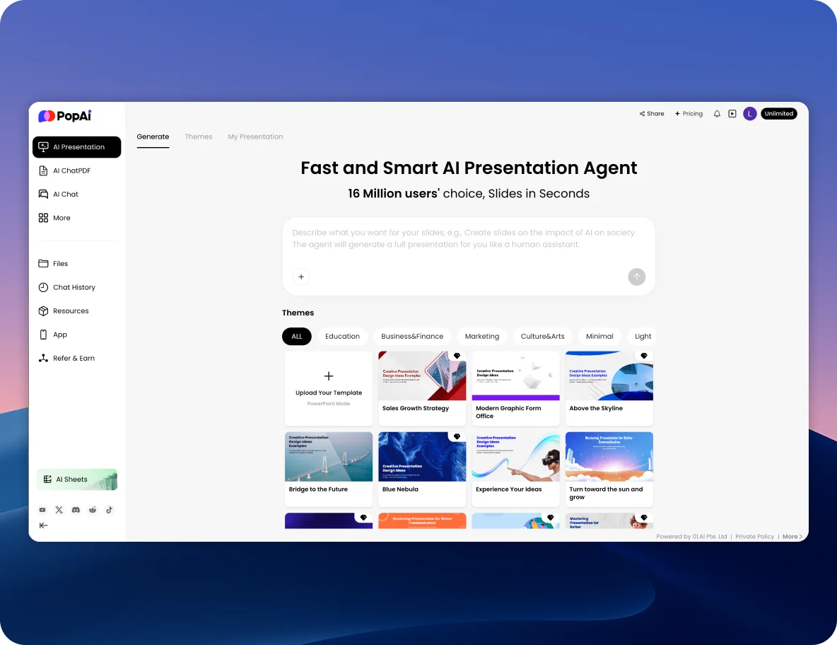 PopAi AI Presentation - Generate professional slide decks with AI-powered layouts and designer themes